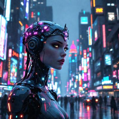 The primary subject of the image is a woman wearing a futuristic, high-tech outfit, which includes a headpiece and a glowing, purple-colored helmet. She is standing in a bustling city environment, surrounded by a crowd of people. The setting is a busy street with various buildings and lights, creating a lively atmosphere. The visual style of the image is a combination of photo and digital art, giving it a unique and captivating appearance. The colors and mood of the